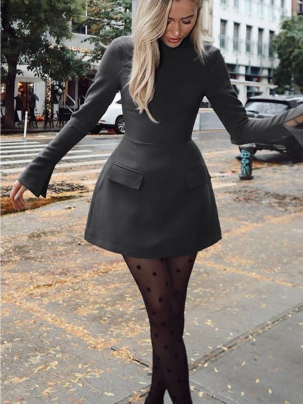 Women's Black Long-Sleeve A-Line Dress